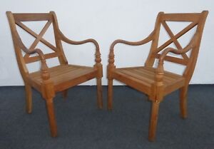 Pair of Vintage French Country Designer Teak Wood Arm Chairs w Cushions