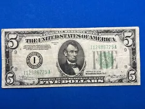 1934 $5 Dollar Minneapolis Minnesota Federal Reserve Note Green Seal Bill - Picture 1 of 2