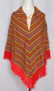 Vintage S.C. Vizcarra Cape Poncho gewebt mehrfarbig gestreift Schnürkragen Gr. M - Bild 1 von 6