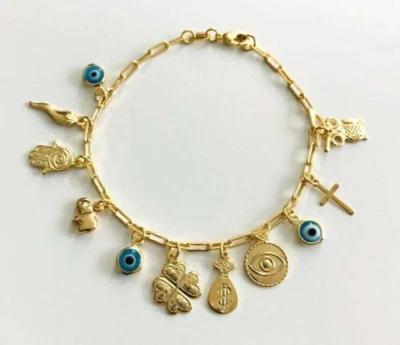 "DIJE RELLENO ORO 18K, OJO, ELEFANTE, DINERO, PULSERA BUENA SUERTE 7,5"" LARGO - B137" Foto 1 de 4