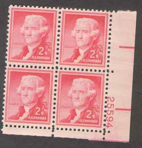 US. 1033. 2c. Thomas Jefferson, Liberty Issue. PB4 #25594 LR. MNH. 1954 - Picture 1 of 2