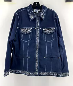 DG2 Diane Gilman Plus Dark Wash Denim Druckknopfjacke Strass Nieten Größe 1X - Bild 1 von 13