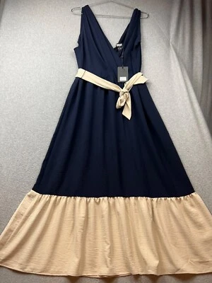 Vestido midi DKNY cuello en V volantes dobladillo para mujer talla 16 azul marino elegante evento romántico Foto 1 de 4