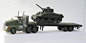 HO U.S. ARMY SEMI KENWORTH DAY CAB TRUCK FLAT BED W/ SHERMAN-TYPE TANK #T009 - Picture 1 of 5