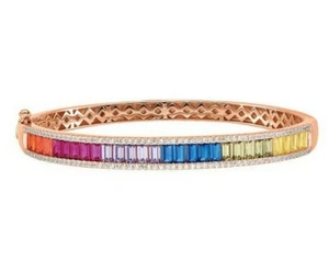 Sterling Silver Pink Gold Rainbow MultiColor Baguette Sapphire Bangle Bracelet  - Picture 1 of 6