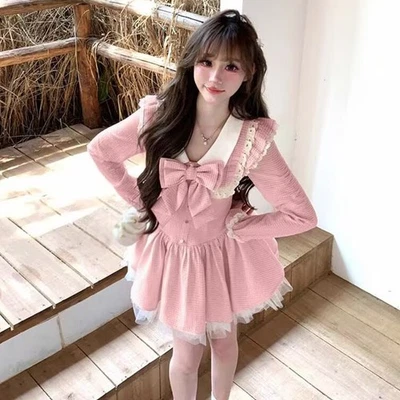 Japanese Sweet Girls Bow A-Line Dress Lace Party Cute Fairy Princess Short Dress - Image 1 of 4