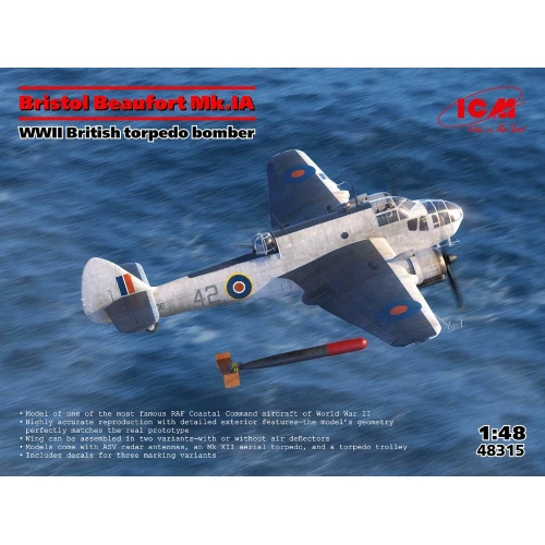 BRISTOL BEAUFORT MK.IA WWII BRITISH TORPEDO BOMBER KIT 1:48 Icm Kit Aerei Modell - Immagine 1 di 1