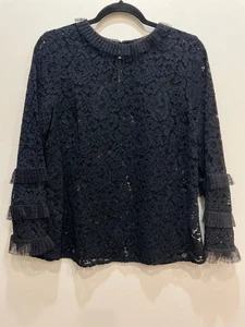 J. Crew Reimagined Lace Top Size M Black Ruffle Collar Fairy Whimsigoth Preppy - Picture 1 of 11