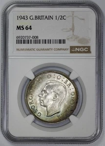 1943 Großbritannien Silber 1/2c Half Crown NGC MS 64 Sea Toning - Bild 1 von 4