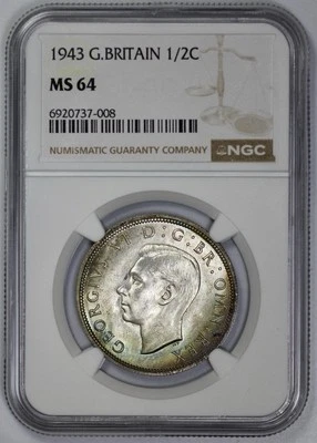 1943 Great Britain Silver 1/2c Half Crown NGC MS 64 Sea Toning - Image 1 of 4