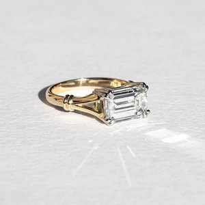 Vintage 3.79 CT Emerald Cut Moissanite Ring, 925 Sterling Silver, Two Tone Ring - Picture 1 of 3