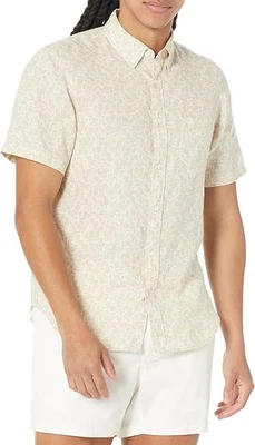 Club Monaco Slim Fit Men’s Size XL Tan 100% Linen Deco Print Button Down Shirt - Image 1 of 4