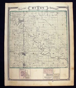 1876 Plat Map Huron Township Wayne County New Boston Michigan Original Color - Picture 1 of 10