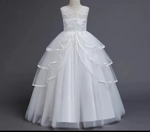 kids Long birthday ball gown Flower girl dress Tulle white communion gown - Picture 1 of 3