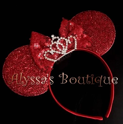 Diadema Minnie Mouse Orejas Brillantes Rojo Lentejuelas Lazo Brillante Plata Tiara Navidad Foto 1 de 3
