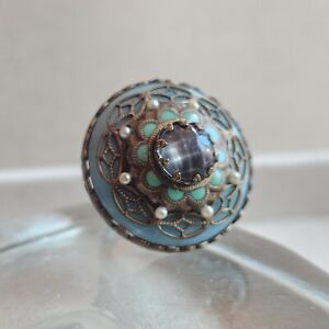Signed Ollipop Brass Filigree Ring Blue Turquoise Glass Cab Size Adjustable 7.5