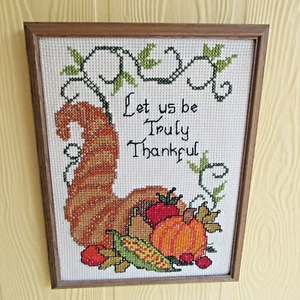 SAMPLER Framed “Let Us Be Truly Thankful” Cornucopia Orange Green Red Yellow - Picture 1 of 8
