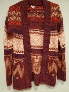 Mossimo Womens Aztec Red Peach Cardigan Sweater  Knit Southwest Pockets Small - Picture 1 of 5