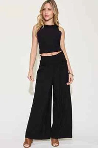 Basic Bae Ribbed Tank top and Wide Leg Pants Set womens Medium M Black NWT - Picture 1 of 4