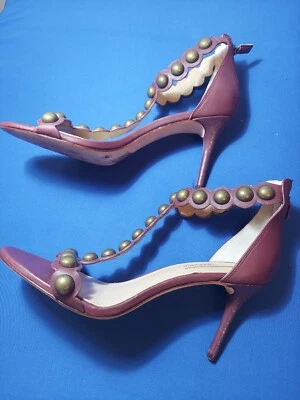 BCBG Max Azria Dark Purple Leather Studded T Strap High Heel Sandal Pumps 9.5 - Image 1 of 4