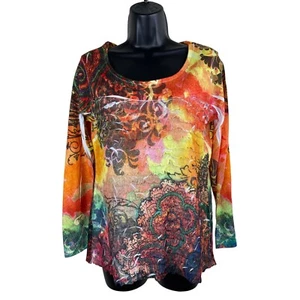 NY Collection Top Womens Size Large L Long Sleeve Orange Colorful Ruffle Stretch - Picture 1 of 8
