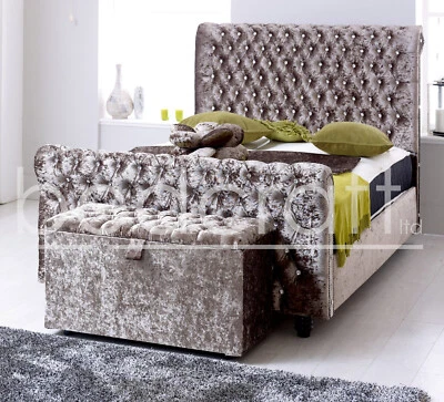 DIAMANTE CHESTERFIELD SLEIGH BED | Crystal Crushed Velvet Fabric Upholstered - Image 1 of 4