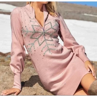 Boston Proper Sweater Dress Pink Pearl Shimmer Snowflake Half Zip  Medium Winter - Image 1 of 4