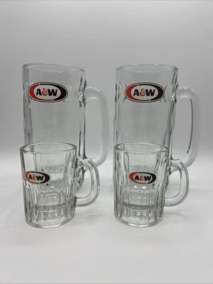 4 винтажные овальные стеклянные кружки A&W с логотипом AW Root Beer 2- Mini Baby 3 дюйма и 2-большие 7 дюймов - Изображение 1 из 4