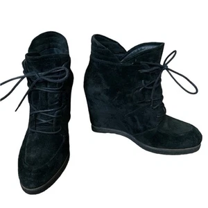 𝅺Stuart Weitzman Kidstuff Suede Lace-Up Wedge Bootie Ankle Boots Black Size 6 - Picture 1 of 12
