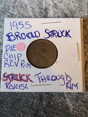 1955 Lincoln Cent Error, Rev & Obv Die Chip Errors, Higher Grade, Nice Surfaces - Image 1 of 4