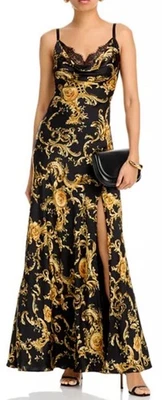 NUEVO CON ETIQUETAS L'AGENCE Venecia Encaje Capucha Cuello Seda Vestido Maxi Paisley Satén Abertura talla 12 Foto 1 de 4