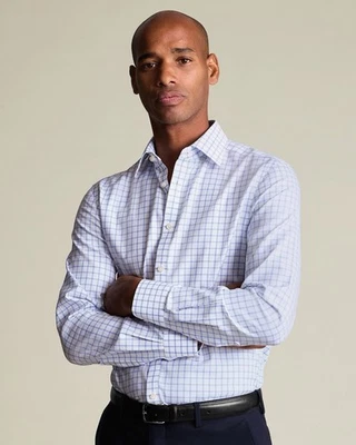 CHARLES TYRWHITT Non-Iron Twill Check Classic Fit Shirt in Sky Grid 17 1/2 / 35” - Image 1 of 4