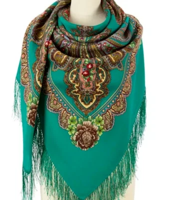 57'' Scarf 100% merino wool large green square shawl Pavlovo Posad Slavic 1447 - Image 1 of 4