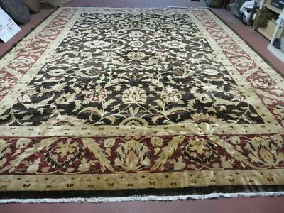 11' X 15' Vintage Hand Knotted Indian Agra Wool Rug Hand Made Dark Brown Floral - Image 1 of 4