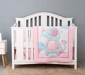 Crib Bedding Set Pink Elephant 3-Piece Baby Nursery Comforter Fitted Sheet Girls - Picture 1 of 7