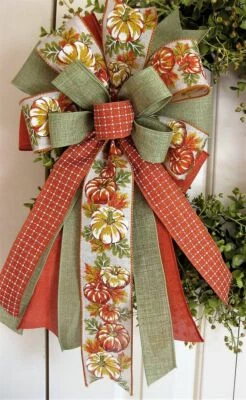 10 " FALL PUMPKIN BOW for GRAPEVINE DOOR WREATH SWAG GARLAND MAIL FENCE # 29 rb - Image 1 of 3