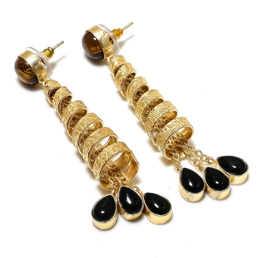 Aretes de cuarzo ahumado con piedras preciosas de ónix negro enchapados en oro joyería regalo para ella Foto 1 de 1