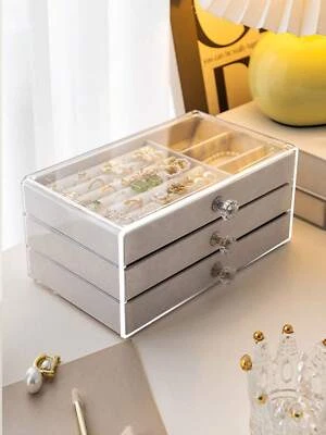 Clear Acrylic Jewelry Storage Box 3 layer Drawer Earring Ring Necklace Display - Image 1 of 4