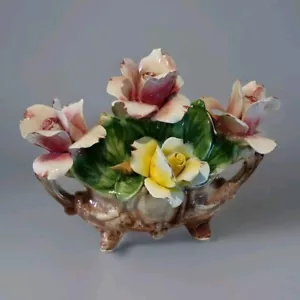 Centrotavola Cesto Fiori Ceramica Rosa Capodimonte Vintage Italia - Foto 1 di 8