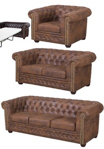 VINTAGE CHESTERFIELD SET 1+2+3 SITZER SOFA SESSEL COUCH BRAUN WILDLEDER LOOK