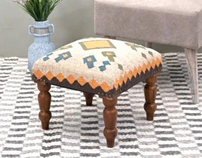 Handcrafted Acacia Wood Stool | Decorative Kilim Upholstered Pouf Footstool - Image 1 of 4