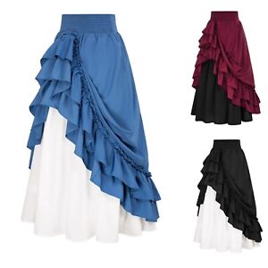 Women Retro Medieval Elastic Lace High Waist Casual Drawstring A Line Long Skirt