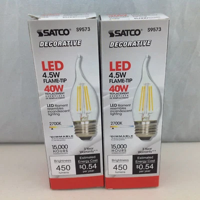 Satco S9573 4.5W Decorative LED Flame Tip Clear 450 Lumens Bulb Lot of 2 - Image 1 of 4