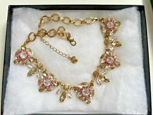 Joe Fresh Rhinestone Pink/Gold Crystal Glass Bead Necklace 20” Adjustable - Picture 1 of 4