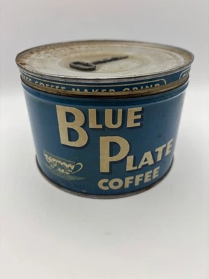 Vintage Blue Plate Coffee Can, 1 Pound with key. New Orleans Atlanta Richmond   - Image 1 of 4