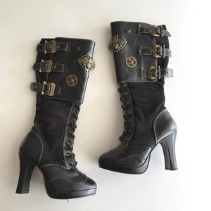 Demonia Crypto 302 Cosplay Steampunk Witchy Brass Bee Side Zip Heeled Boots 10 - Picture 1 of 14