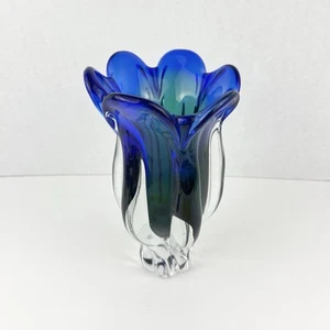 Vintage Royal Gallery Vase Art Glass Blue Green Tulip Design Made In Poland 9” - Picture 1 of 6