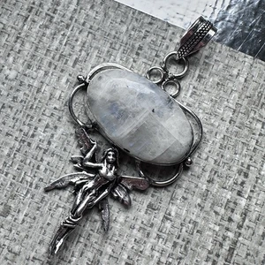 Elegant Rainbow Moonstone Pendant Large Oval Stone Silver Tone Angel Fairy Motif - Picture 1 of 9