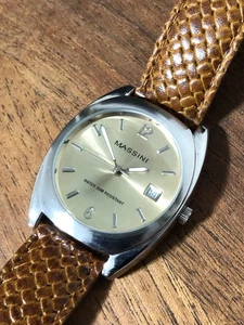 Massini Uhr silberfarben braunes Lederband Japan Quarz, Datum, 35 mm neue Batterie - Bild 1 von 24