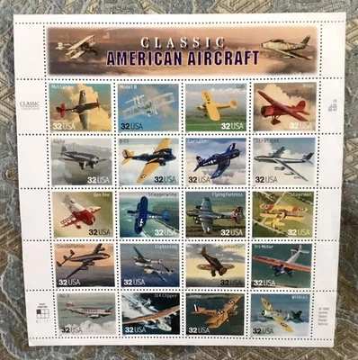 Original USPS Postage Stamp Sheet of 20 - 1996 Classic American Aircraft UNUSED - Image 1 of 2